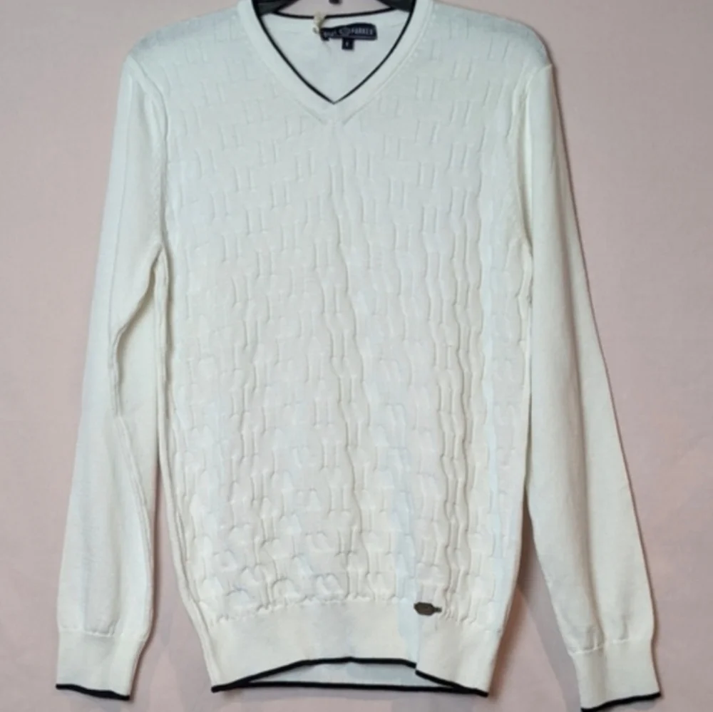 Paul Parker Off White Weave Textured Knit V Neck Pullover Sweater size Small